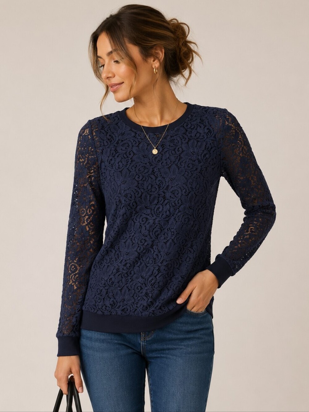 Theory | "Jaidyn" Sheer Floral Lace Crew Neck Top in navy blue and black, Size S